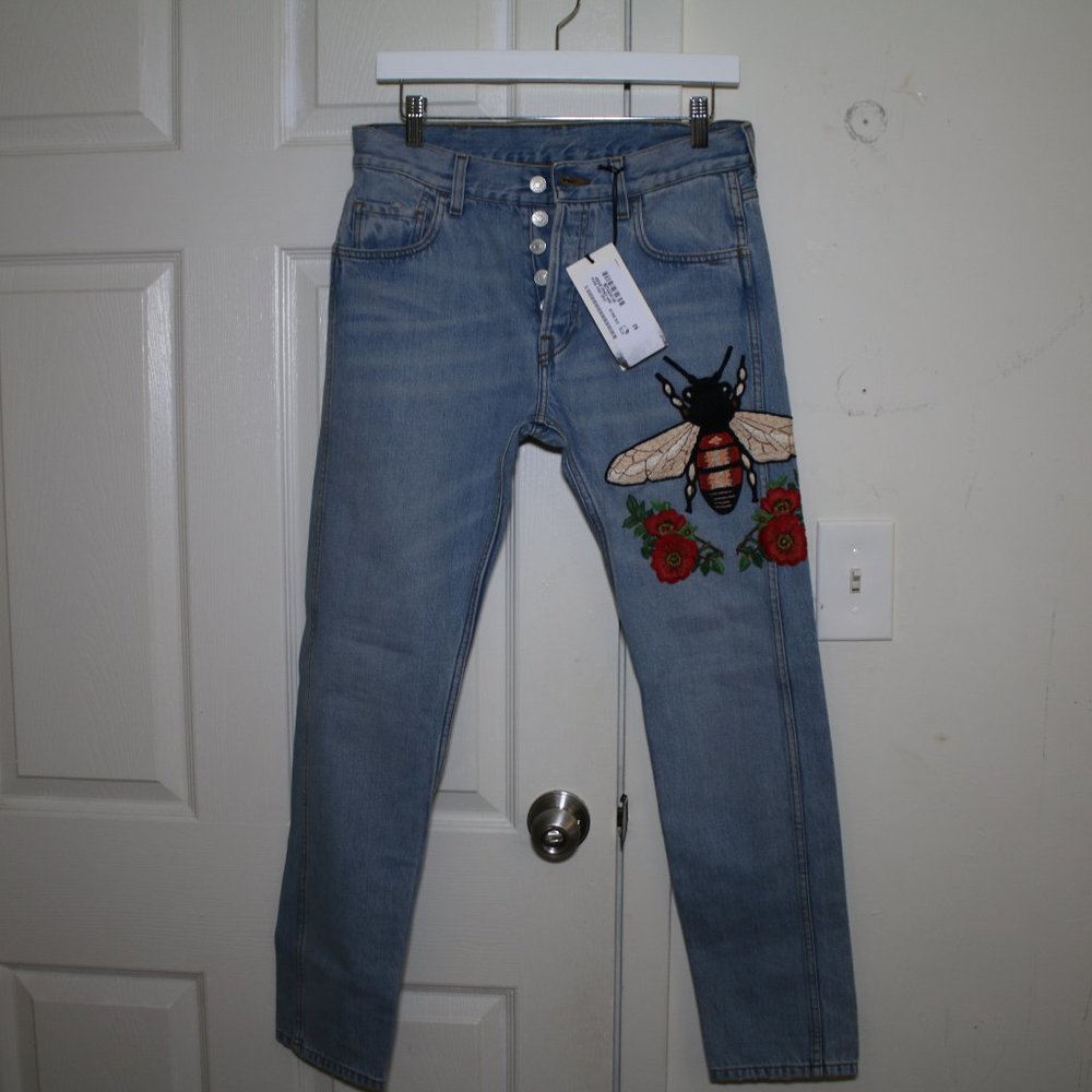 Gucci Bee Embroidered Denim Blue Jeans